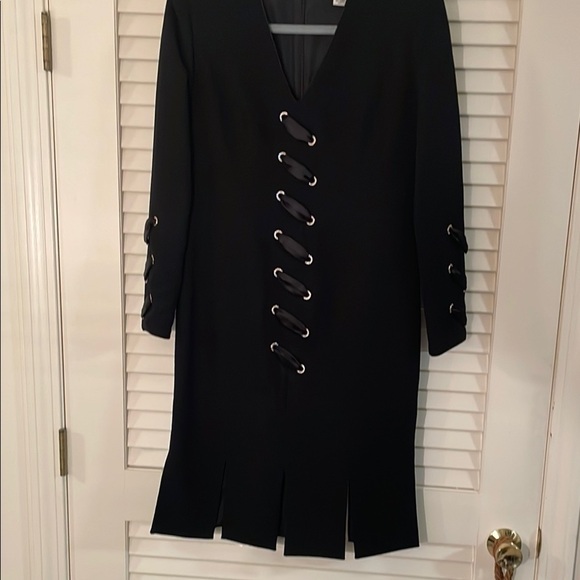 Sumiko Vintage Angled Rhinestone Black Lace-Up Front Sleeves V-Neck Midi Dress - Picture 1 of 15